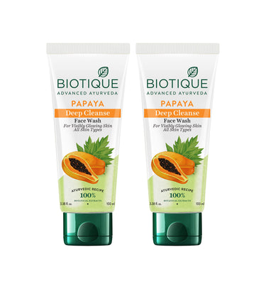 Biotique Papaya Deep Cleanse Face Wash For Visibly Glowing Skin All Skin Types 2x100ml & Biotique Bio Rose Pore Tightening Toner With Himalayan Water For All Skin Type 120 Ml